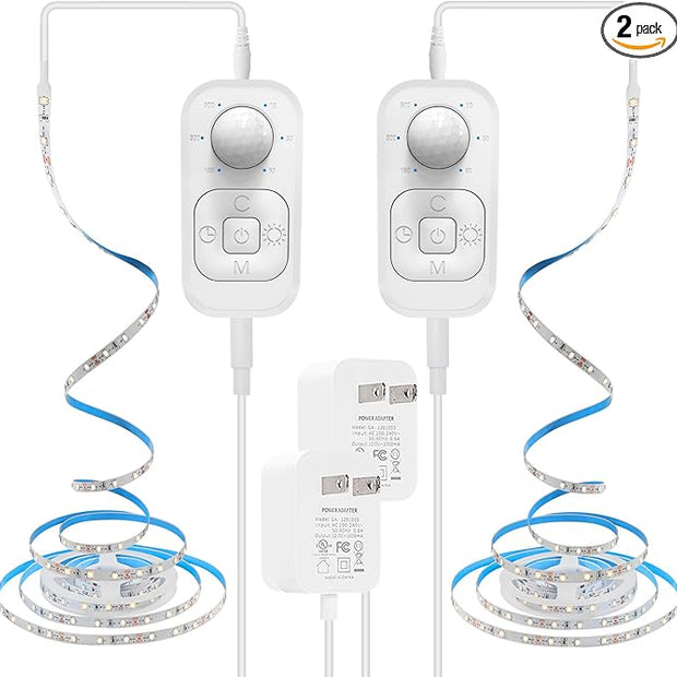 Motion Sensor Under Cabinet Lights - Plug-in LED Strip Lights Indoor With UL FCC Approved Adapter, Dimmer And Timer For Kitchen Cabinet, Counter, Shelf, Showcase, Stairway, Bedroom, Corridor, Washroom