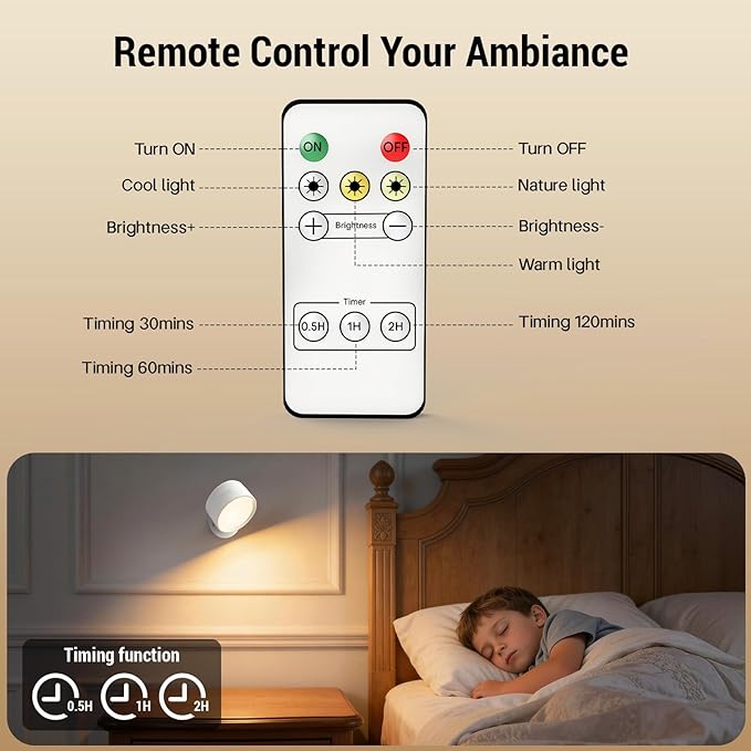 LED Wall Sconces, 160H Battery Life, Rechargeable Cordless Mounted Lights, 3 Color & 4 Brightness Level & 360°Rotate Magnetic Ball & Touch or Remote, for Reading Bedroom (White)