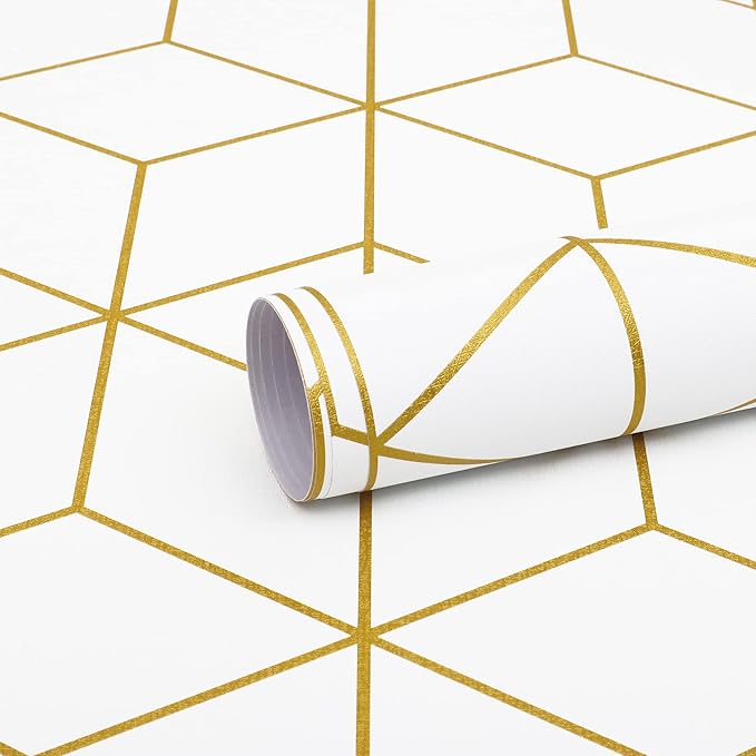Safiyya 118"x17.3" Peel and Stick Wallpaper Gold and White Contact Paper Geometric Wallpaper Self Adhesive Removable Wallpaper for Walls Covering Vinyl Rolls