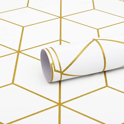 Safiyya 393"x17.3" Peel and Stick Wallpaper Gold and White Contact Paper Geometric Wallpaper White Removable Wallpaper for Bedroom Vinyl Rolls