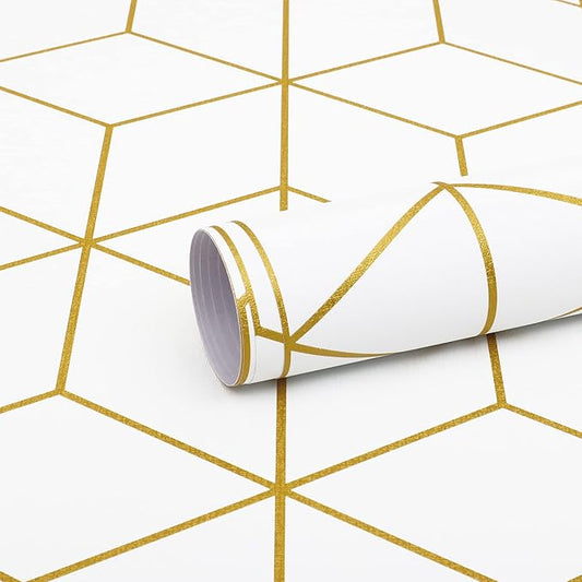 Safiyya 393"x17.3" Peel and Stick Wallpaper Gold and White Contact Paper Geometric Wallpaper White Removable Wallpaper for Bedroom Vinyl Rolls