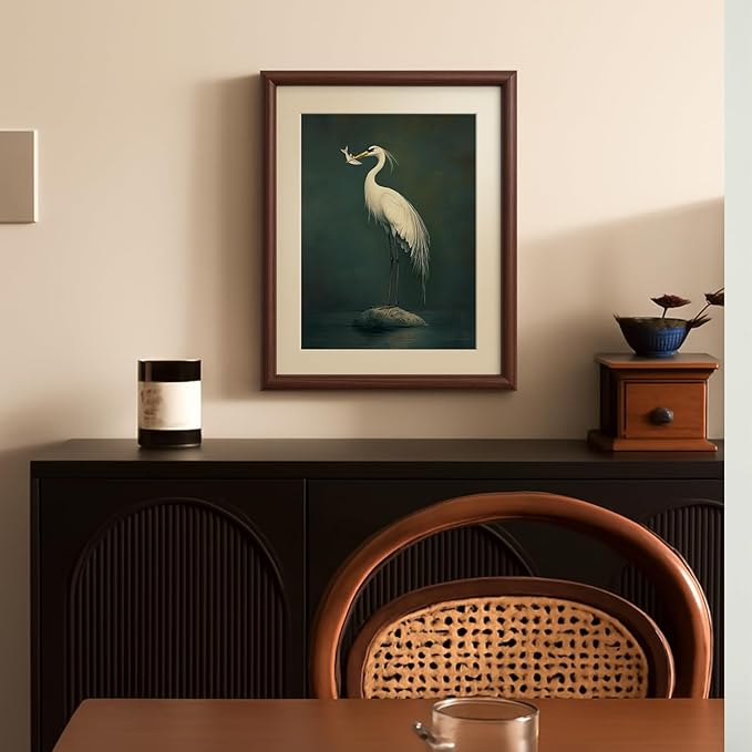 InSimSea Framed Canvas Wall Art with Mat, Vintage Heron Animal Wall Art for Living Room Bedroom Office, Retro Bathroom Prints Artwork Pictures, Home Decor Aesthetic, 11x14 Inch(Walnut)
