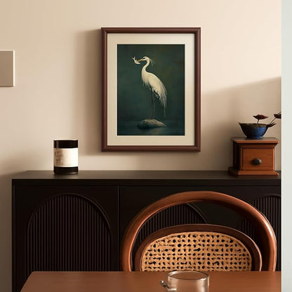 InSimSea Framed Canvas Wall Art with Mat, Vintage Heron Animal Wall Art for Living Room Bedroom Office, Retro Bathroom Prints Artwork Pictures, Home Decor Aesthetic, 11x14 Inch(Walnut)