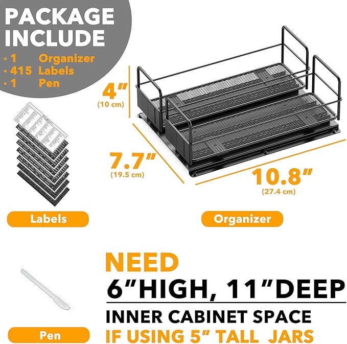 SpaceAid Pull Out Spice Rack Organizer for Cabinet, Heavy Duty Slide Out Seasoning Kitchen Organizer, Cabinet Organizer, with Labels, 7.7