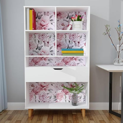 Floral Wallpaper Peel and Stick, Large White & Pink Flowers Contact Paper 17.5" x 393.7", Modern Peony Wall Mural Self Adhesive Removable Waterproof for Room Walls Shelves Cabinet Drawer Table Decor
