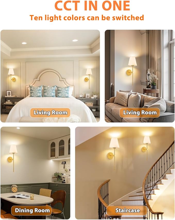 Adetu Battery Operated Wall Sconce Set of 2, 5CCT Gold Rechargeable Wall Lights with Remote, 10 RGB Dimmable Colors Wireless Battery Powered Wall Sconce Wall Lamp for Bedroom Living Room Wall Decor