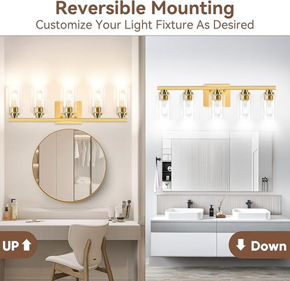 VerRon 5-Light Gold Bathroom Light Fixtures, 31" Modern Vanity Lights Over Mirror with Clear Glass Shades,Brushed Gold Wall Light Fixture for Bathroom Mirror Bedroom Porch, Hardwired Wall Sconces