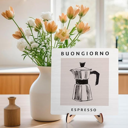 Coffee Bar Decor Sign,Wooden Vintage Plaque with CoffeePot Pattern-Buongiorno Espresso,Funny Farmhouse Decor for Coffee Station, Kitchen Café or Shelf Display(White)