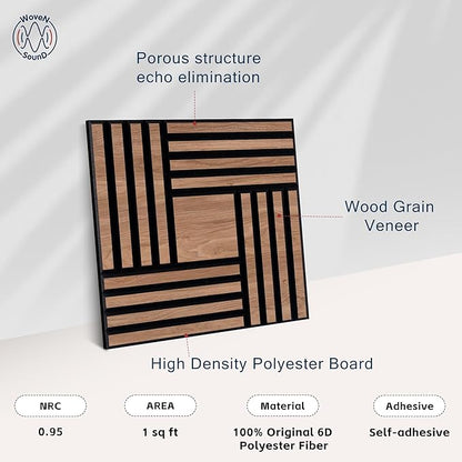 WoveN SounD Artisan Acoustic Wall Panels, 16 Pack 12x12 Inch, Wood Veneer Carved Sound Proof Wall Decor, Self-Adhesive for Home, Studio, Office & Focus Zones, Metre, Teak
