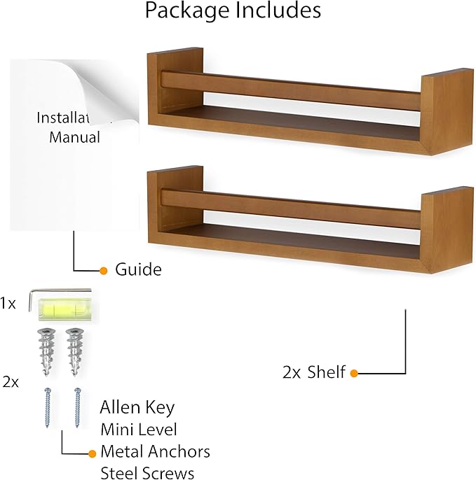 Wallniture Utah Floating Shelves for Wall, Wood Bookshelf for Kids Books, Picture Frames, Nursery Wall Decor, Walnut, Set of 2