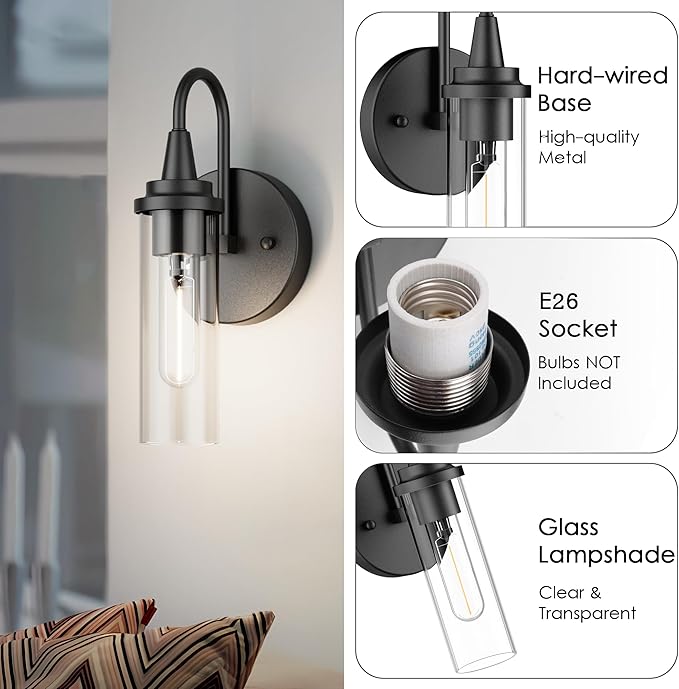Aipsun Black Wall Sconces Set of Two, Sconces Wall Lighting Hardwired Wall Sconce Indoor Wall Light for Living Room Hallway (Exclude Bulb)