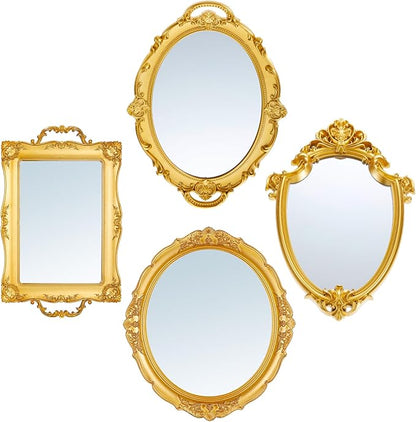 4 Pcs Vintage Gold Mirrors Set Including Small Oval Wall Mirror Antique Shield Shape Square Decorative Mirror Dresser Mirrored Tray for Bedroom Wedding Victorian Decor (Classic,Gold)