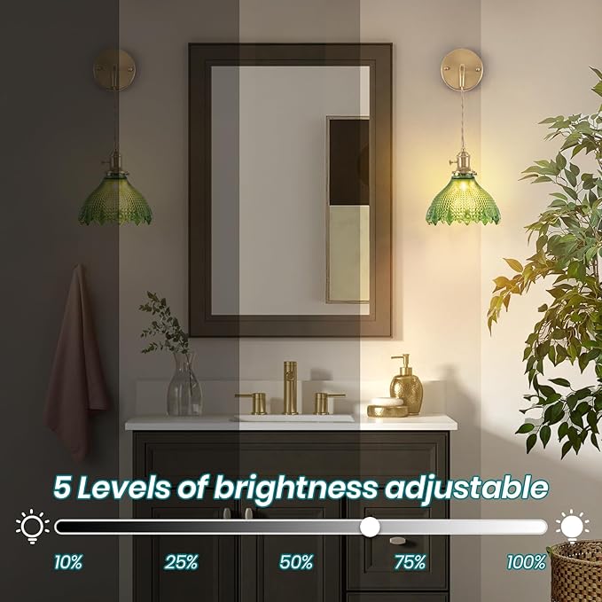 Battery Operated Wall Sconce Set of 2, Rechargeable Battery-Powered Wall Light with Green Glass Lampshade,Wireless Indoor Wall Lamp with Remote Control for Living Room Bedroom