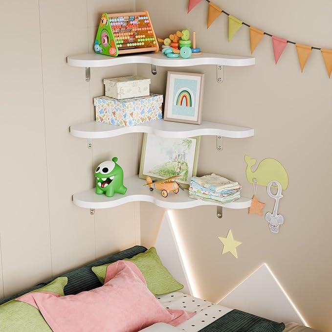 Cute Cloud Shelf Set of 3 - Wavy Floating Corner Shelves Wall Mounted, Corner Shelf Floating with Brackets, Nursery Shelves for Wall Decor, Bedroom,Living Room,Bathroom&Kids Room-White