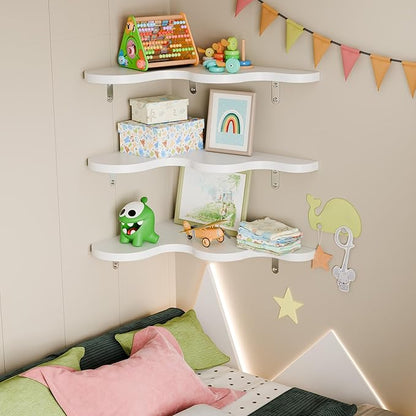 Cute Cloud Shelf Set of 3 - Wavy Floating Corner Shelves Wall Mounted, Corner Shelf Floating with Brackets, Nursery Shelves for Wall Decor, Bedroom,Living Room,Bathroom&Kids Room-White