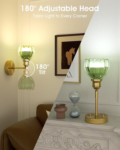 VOLISUN Vintage Battery Operated Wall Sconce,with Green Tulip Glass Lampshade, Wireless Wall Sconce, Rechargeable Battery Powered Wall Light, Sconce Wall Decor for Bedroom Living Room