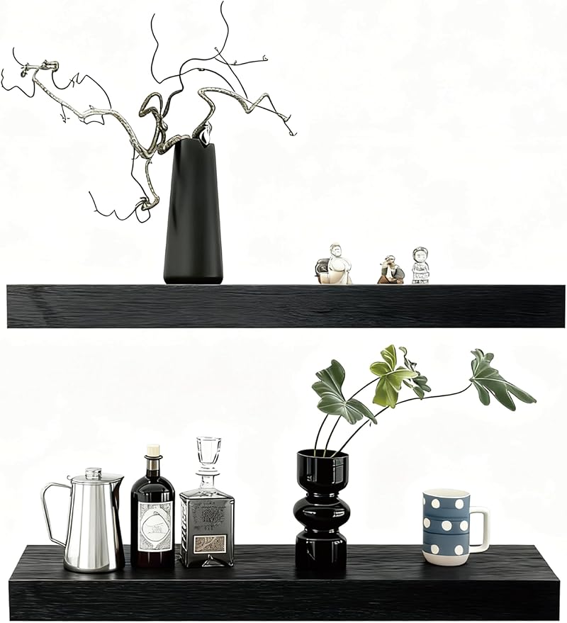 Solid Wood Floating Shelves,31.5in Finished Real Wood Wall Shelves with Heavy-Duty Hidden Bracket, Easy Installation, Set of 2, 31.5in x 7.1in x 1.5in, for Living Room Bedroom Kitchen,Black
