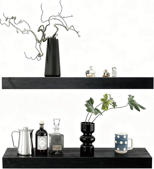 Solid Wood Floating Shelves,31.5in Finished Real Wood Wall Shelves with Heavy-Duty Hidden Bracket, Easy Installation, Set of 2, 31.5in x 7.1in x 1.5in, for Living Room Bedroom Kitchen,Black