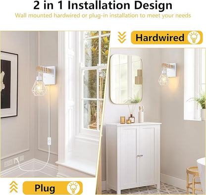White Plug in Wall Sconces Set of Two, Modern Wall Lights with 5.25FT Plug in Cord, Wooden Bedside Wall Lamps with Metal Shade, Industrial Wall Lighting Decor for Living Room, Hallway, Stairs