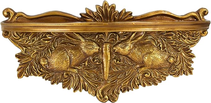 American Art Decor Vintage Ornate Resin Rabbits & Carrot Manor Floating Wall Mounted Shelf in Antique Gold - Rococo Baroque Shabby Chic Ledge for Small Displays