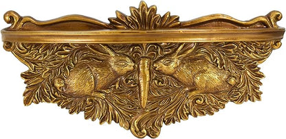 American Art Decor Vintage Ornate Resin Rabbits & Carrot Manor Floating Wall Mounted Shelf in Antique Gold - Rococo Baroque Shabby Chic Ledge for Small Displays
