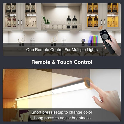 Under Cabinet Lighting Wireless with Remote,Rechargeable Battery Operated Closet Lights,3 Color Magnetic Dimmable led Strip Lights,Under Counter Lights for Kitchen,Shelf,Bedroom (Black-2PCS, 20cm)