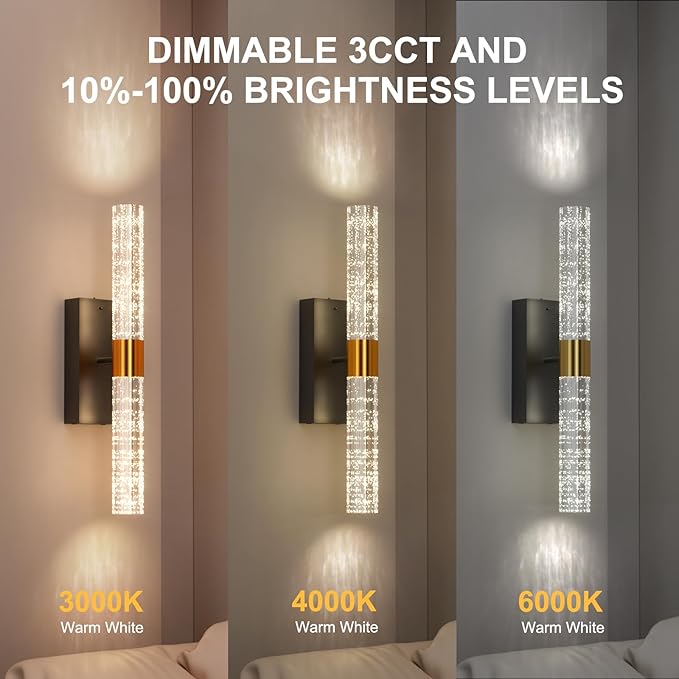 Crystal Battery Operated Wall Sconce, Black and Gold Rechargeable Wireless Wall Light Fixtures with Remote Control, 3CCT and 12 RGB Dimmable Wall Sconces Lamp for Bedroom Living Room Hallway
