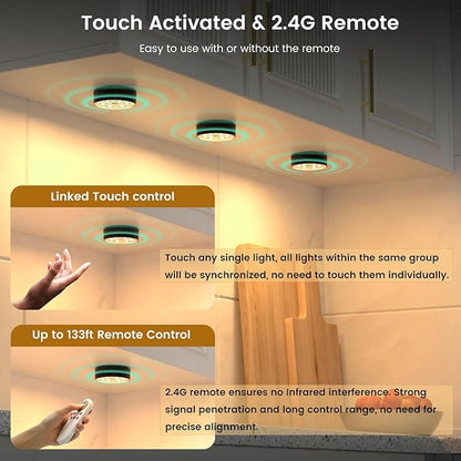 Onumii Rechargeable Puck Lights with Remote 2.4G Under Cabinet Lighting 2600mAh Sync and Groupable Color Changing Magnetic Stick on Tap Lights for Cabinet, Shelves, Display Case (6Pack Black)