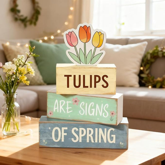 Spring Decoration Wooden Tiered Tray Decor – Tulips Spring Stacked Block Sign with Floral Accent – Farmhouse Tabletop Spring Decor for Shelf Mantel Seasonal Home Display