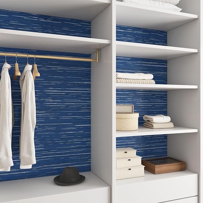 Livelynine 15.8x394 Navy Blue Peel and Stick Wallpaper Dark Indigo Textured Grasscloth Navy Wall Paper for Bathroom Bedroom Apartment Blue Contact Paper Waterproof Vinyl Wrap Renter Friendly Upgrades