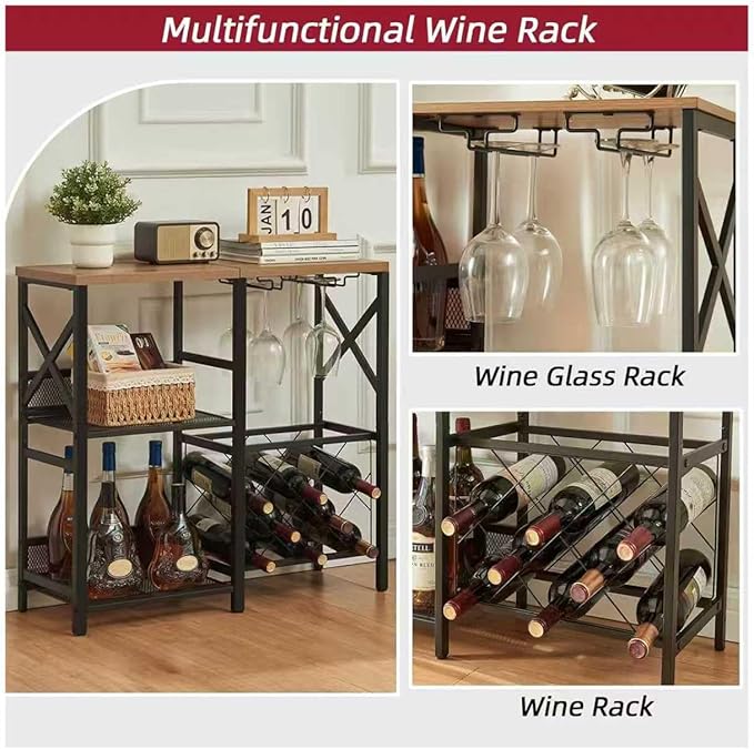 Wine Bar Cabinet, Rustic Freestanding Wine Rack with Glass Holder and Fence, Bar Cabinet with 2 Tier Storage, Liquor Shelf for Home Bar, Rustic Brown