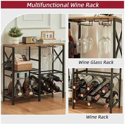 Wine Bar Cabinet, Rustic Freestanding Wine Rack with Glass Holder and Fence, Bar Cabinet with 2 Tier Storage, Liquor Shelf for Home Bar, Rustic Brown