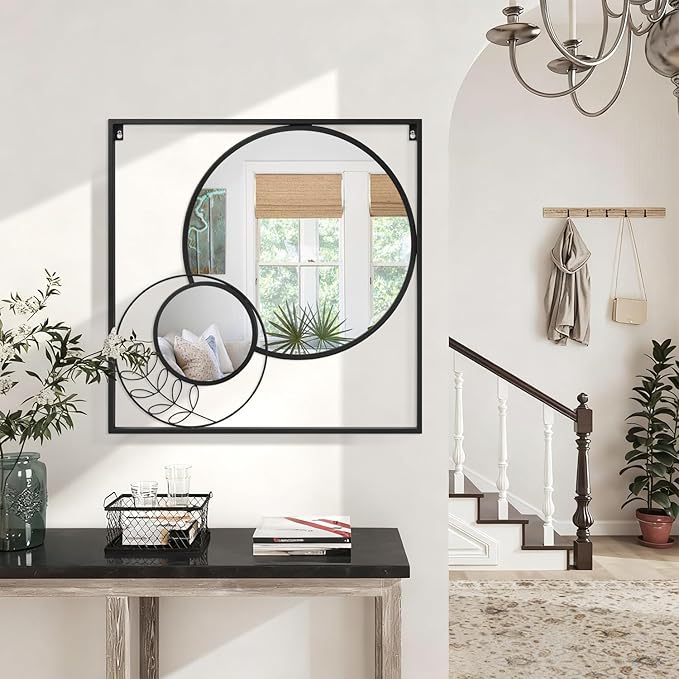 Black Large Square Mirror, Round Wall Mounted Mirror Set Circle Modern Decorative Mirrors for Living Room Bedroom Entryway 30x30 Inch Decor