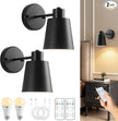 Black Battery Operated Wall Sconces Set of Two with Remote, Rechargeable Battery Powered Wall Lights, 3 Color Temperature, Dimmable, Modern Wireless Wall Lamps for Bedroom Living Room Hallway