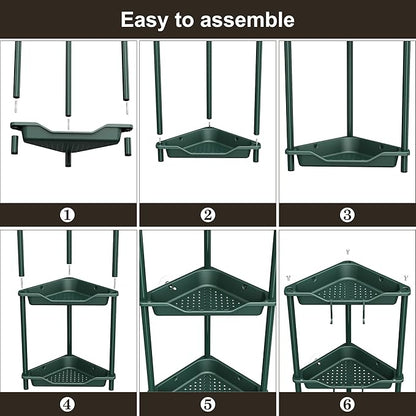 Orimade Rustproof 3 Tier Floor Standing Corner Shower Caddy Organizer, Plastic Metal Splicing Floor Corner Shelf Rack Stands for Bathroom, Dark Green