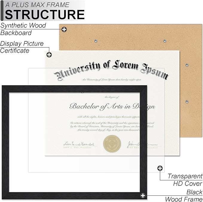 A PLUS MAX Black 8.5 x 11 Frame, Engineered Wood Frame with Wood-grain for Display 8.5 by 11 Document Award Certificate Wall and Tabletop - 1 Pack/Black/8.5x11