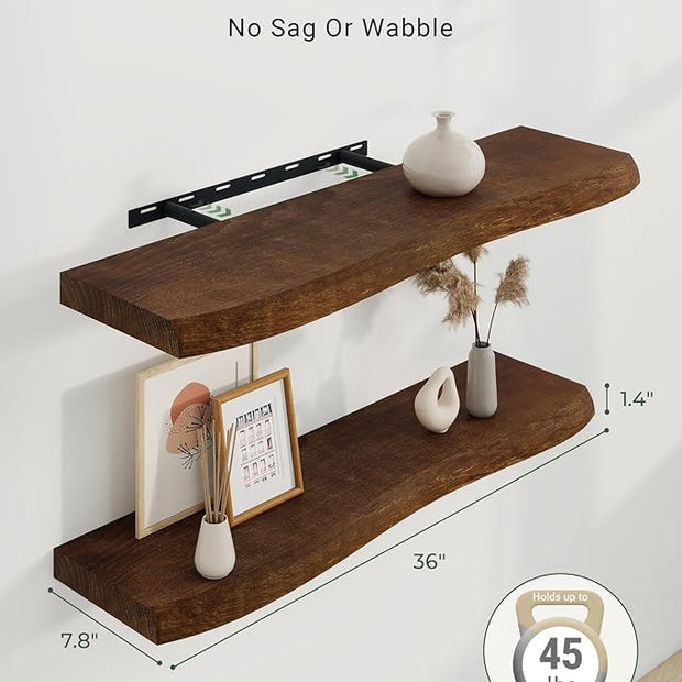 Axeman 36" Solid Wood Floating Shelves for Wall Decor, USA-Sourced Rustic Ash Wood Live Edge Shelf with Upgraded Heavy Invisible Bracket, Wall Mounted Shelf for Kitchen Bathroom Living Room, Walnut