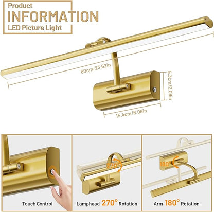 AIFEI Wireless Picture Lights for Wall Battery Operated, 8000mAh Long-Last Lights for Pictures on Wall, Remote & Touch, 3 Color Dimmable No Wiring Needed Art Light for Paintings Poster, 23.6" Brass