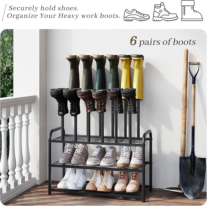 Shoe Rack - 3-Tier Metal Boot Rack Organizer for Entryway, Closet & Garage, Free Standing Shoe Shelf for Storage Tall Boots, Sneakers, Cowboy Boots, Black (Medium - 6 Pairs)