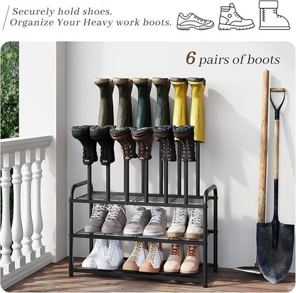 Shoe Rack - 3-Tier Metal Boot Rack Organizer for Entryway, Closet & Garage, Free Standing Shoe Shelf for Storage Tall Boots, Sneakers, Cowboy Boots, Black (Medium - 6 Pairs)