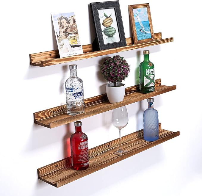 AZSKY Picture Ledge Shelf Floating Shelves for Photo Frames Kids Book Shelves Wall Mounted Burnt Display Shelf Wooden Frame Ledge 48 Inches Set of 3 Bathroom Organizer Shelves