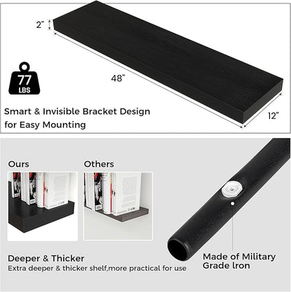 Floating Shelves for Wall, 48" W x 12" D x 2" H, 2 Pack of Long Wall Mounted Engineered Wood Shelves with Invisible Brackets for Living Room, Bedroom, Bathroom, Kitchen Decor, Black