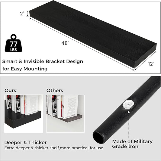 Floating Shelves for Wall, 48 Inch Wide x 12 Inch Deep Floating Shelves, Long Wood Floating Wall Shelf Shelves for Living Room Bathroom Bedroom Kitchen Home - (Black, 48" W x 12" D x 2" H)