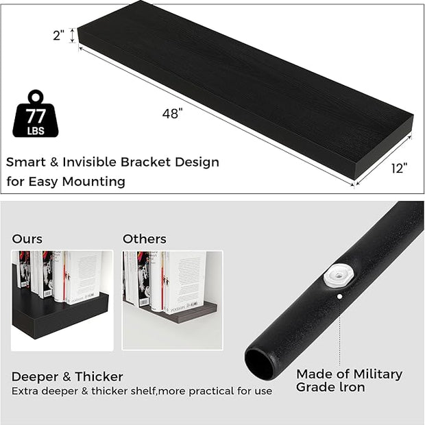 Floating Shelves for Wall, 48 Inch Wide x 12 Inch Deep Floating Shelves, Long Wood Floating Wall Shelf Shelves for Living Room Bathroom Bedroom Kitchen Home - (Black, 48" W x 12" D x 2" H)