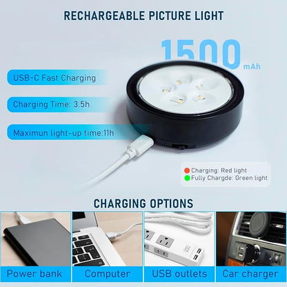 3 Pack Black Picture Lights for Wall,Rechargeable Battery Operated Picture Frame Light, LED Wall Lights for Pictures with 3 Lighting Modes,Magnetic Art Display Light with Remote Dimmable Timer