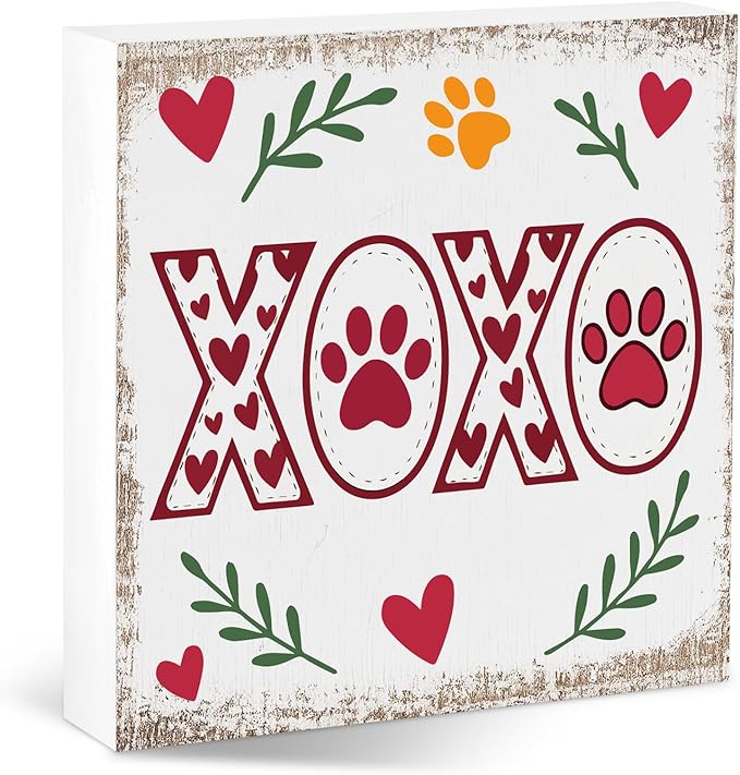 Valentines Cat Dog Desk Decor, Valentine's Day Gifts for Cats Dogs Lover Pet Parent, Valentine Home Office Table Sign Decoration for Shelf Tiered Tray, Xoxo