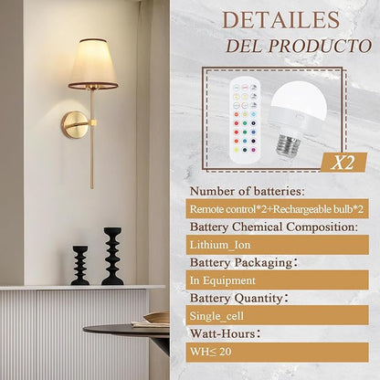 Battery Operated Wall Sconces Sets of 2,Indoor not Hardwired White Fabric lampshade Fixtures,Rechargeable Wireless 10 Colors Wall Lights with Dimmable Remote Control,for Bedroom Living Room