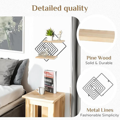 Bedroom Shelves for Wall Decor - Set of 2 Small Floating Shelf 2 Tier Modern Shelves Wall Mount Wood Geometric Hanging Plant Shelf Organizer for Bathroom