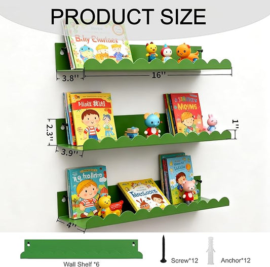 Nursery Book Shelves Set of 6, Green Metal Floating Shelves for Wall, 16 Inch Scalloped Book Shelf for Kids Room, Bathroom, Bedroom, Playroom Wall Decor & Storage