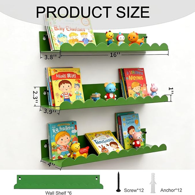 Nursery Book Shelves Set of 6, Green Metal Floating Shelves for Wall, 16 Inch Scalloped Book Shelf for Kids Room, Bathroom, Bedroom, Playroom Wall Decor & Storage
